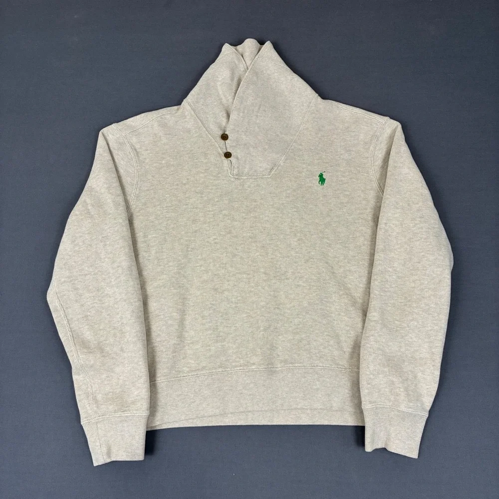 Polo Ralph Lauren Beige Tan Shawl Collar Sweater Men's Size Medium Green Pony